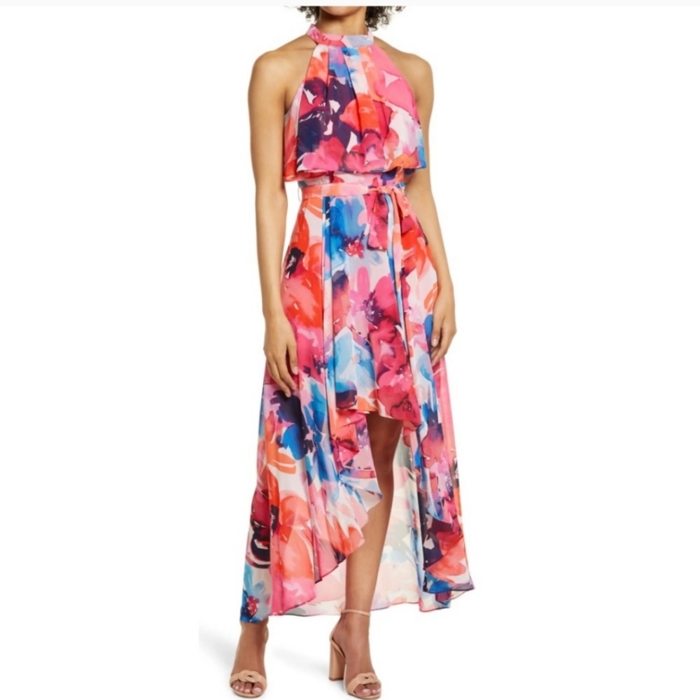 Eliza J Floral Halter Neck Popover High/Low Sleeveless Dress Size 10 NWT